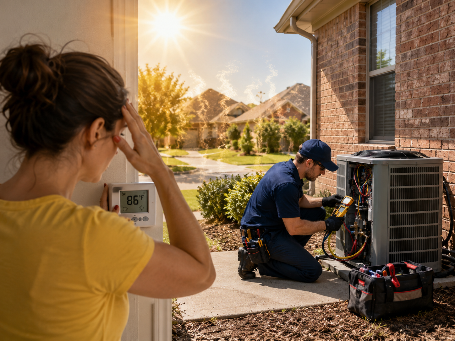 AC repair technician fixing an outdoor air conditioning unit while a homeowner checks a warm 86°F thermostat in Edmond, OK