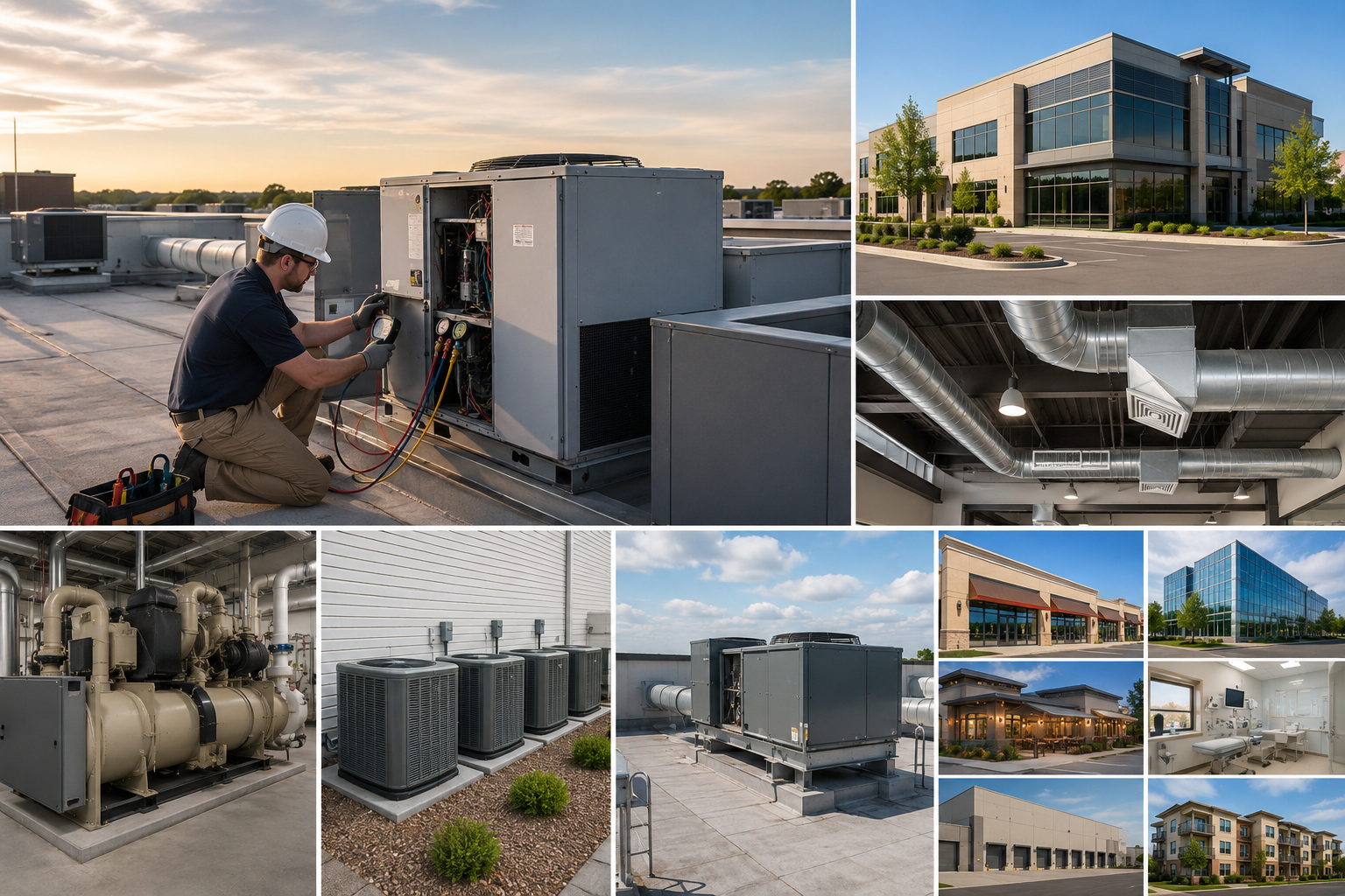 Commercial HVAC services in Edmond, OK including rooftop units, ductwork, chillers, and systems for offices, retail, restaurants, and medical buildings