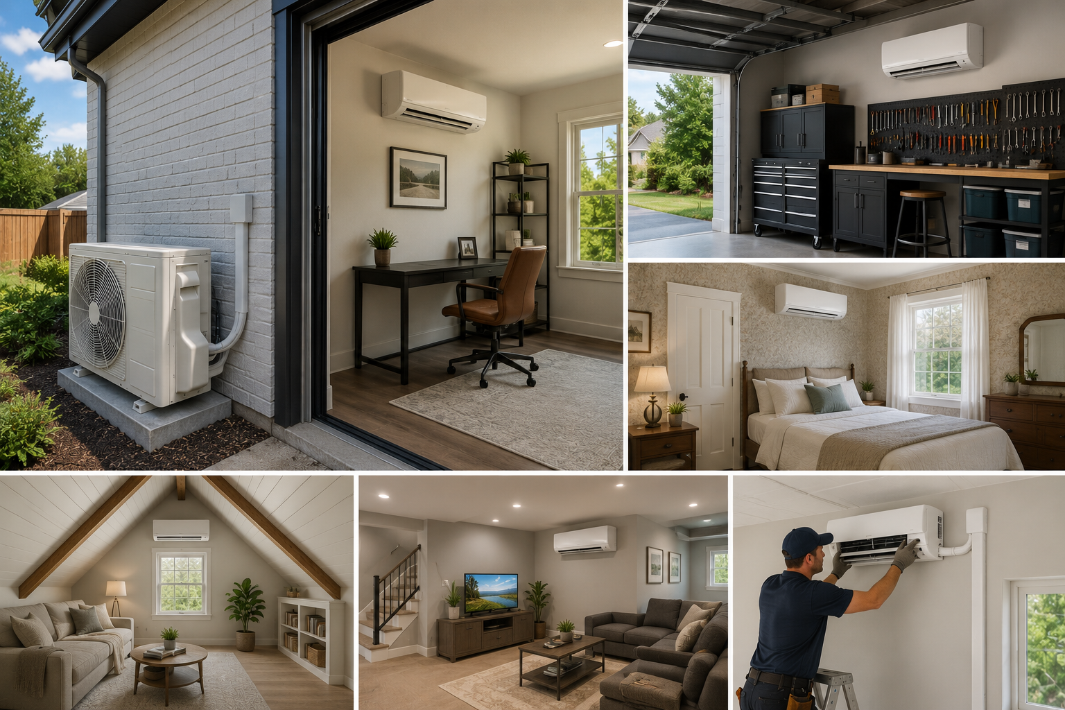 Ductless mini-split systems installed in various rooms throughout an Edmond, OK home including office, bedroom, garage, attic, and living room