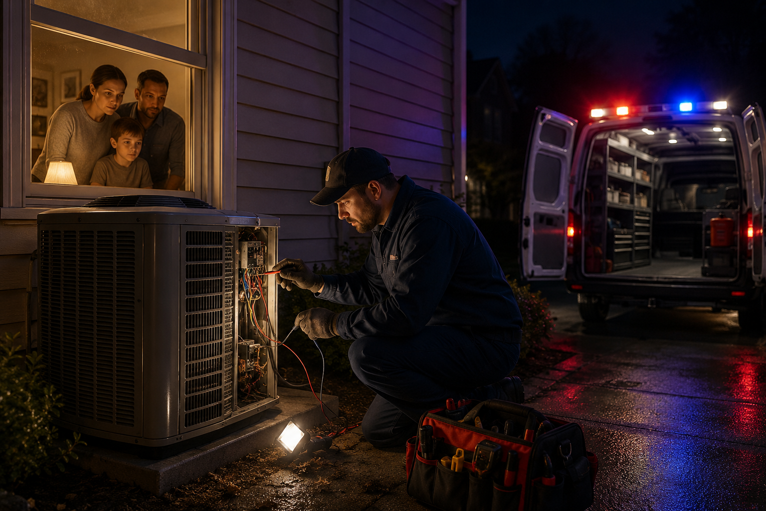 24/7 emergency HVAC technician repairing an AC unit at night with emergency service van lights while a family watches from inside their Edmond, OK home