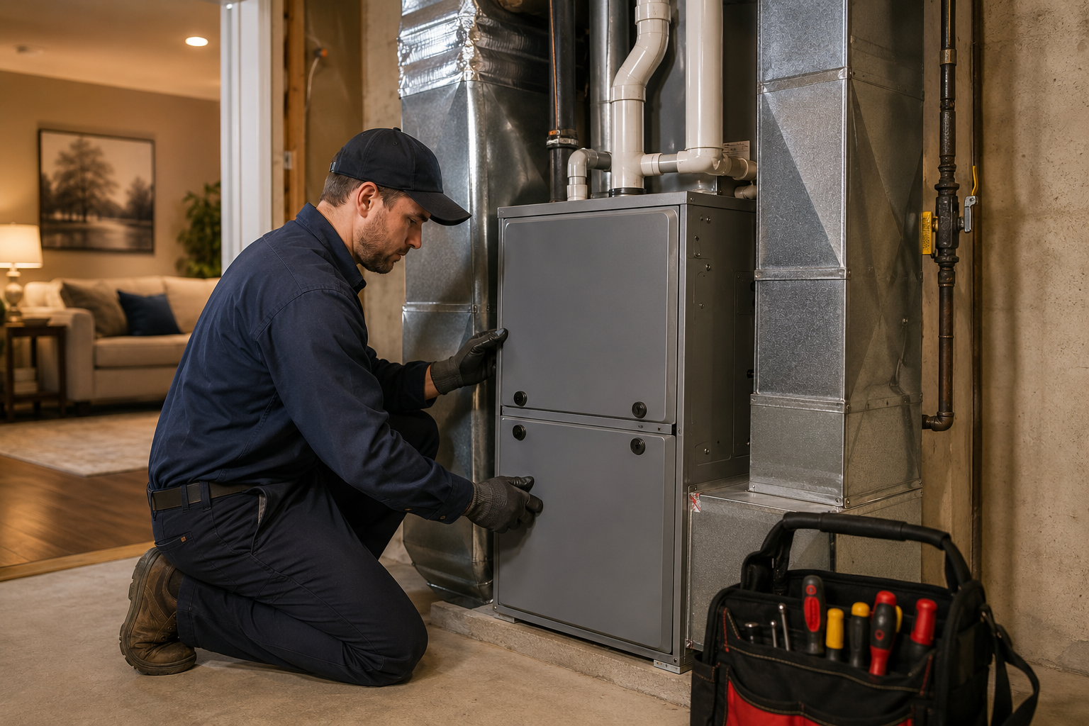HVAC technician installing a new energy-efficient furnace in an Edmond, OK home