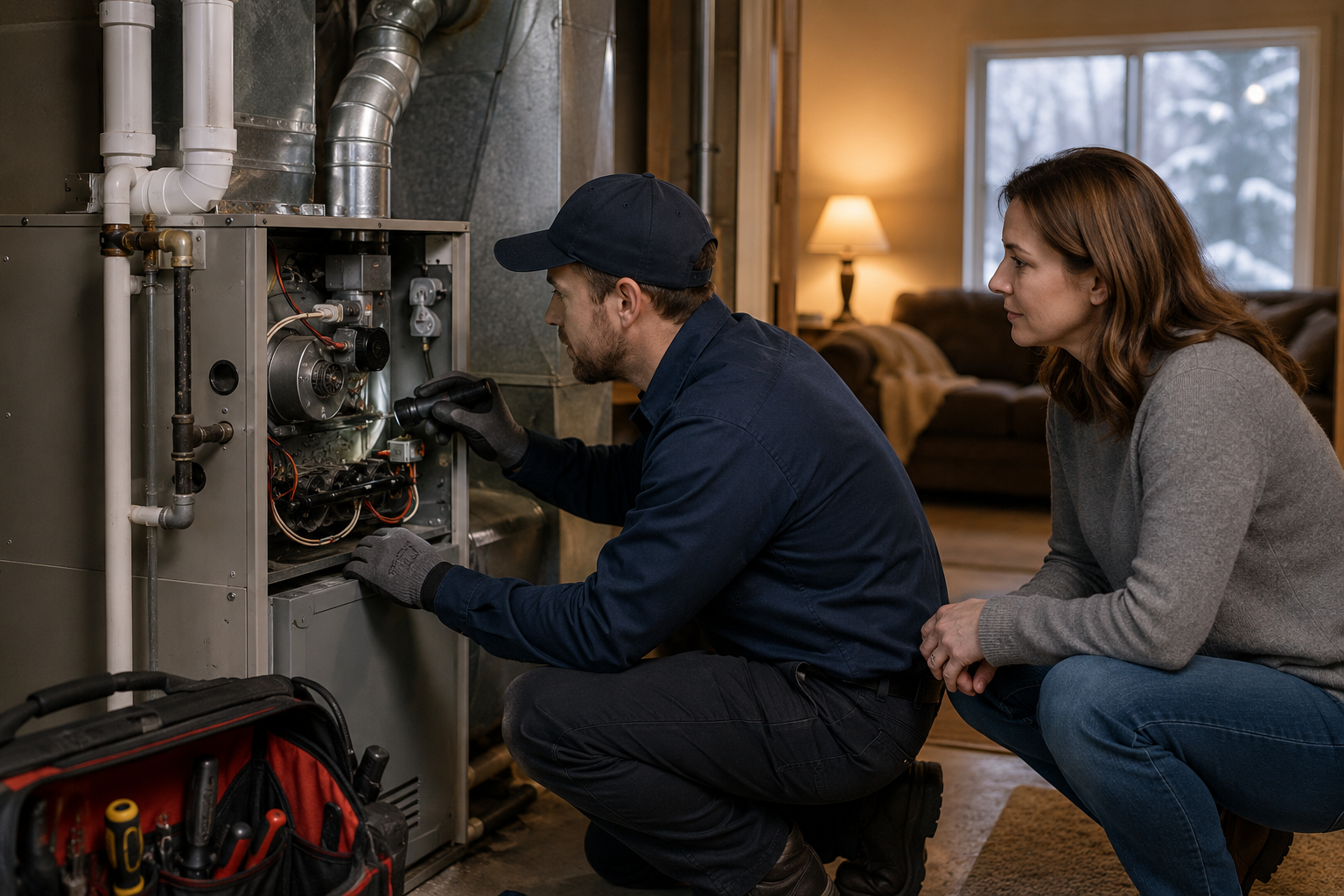 HVAC technician repairing a furnace while a homeowner watches in an Edmond, OK home