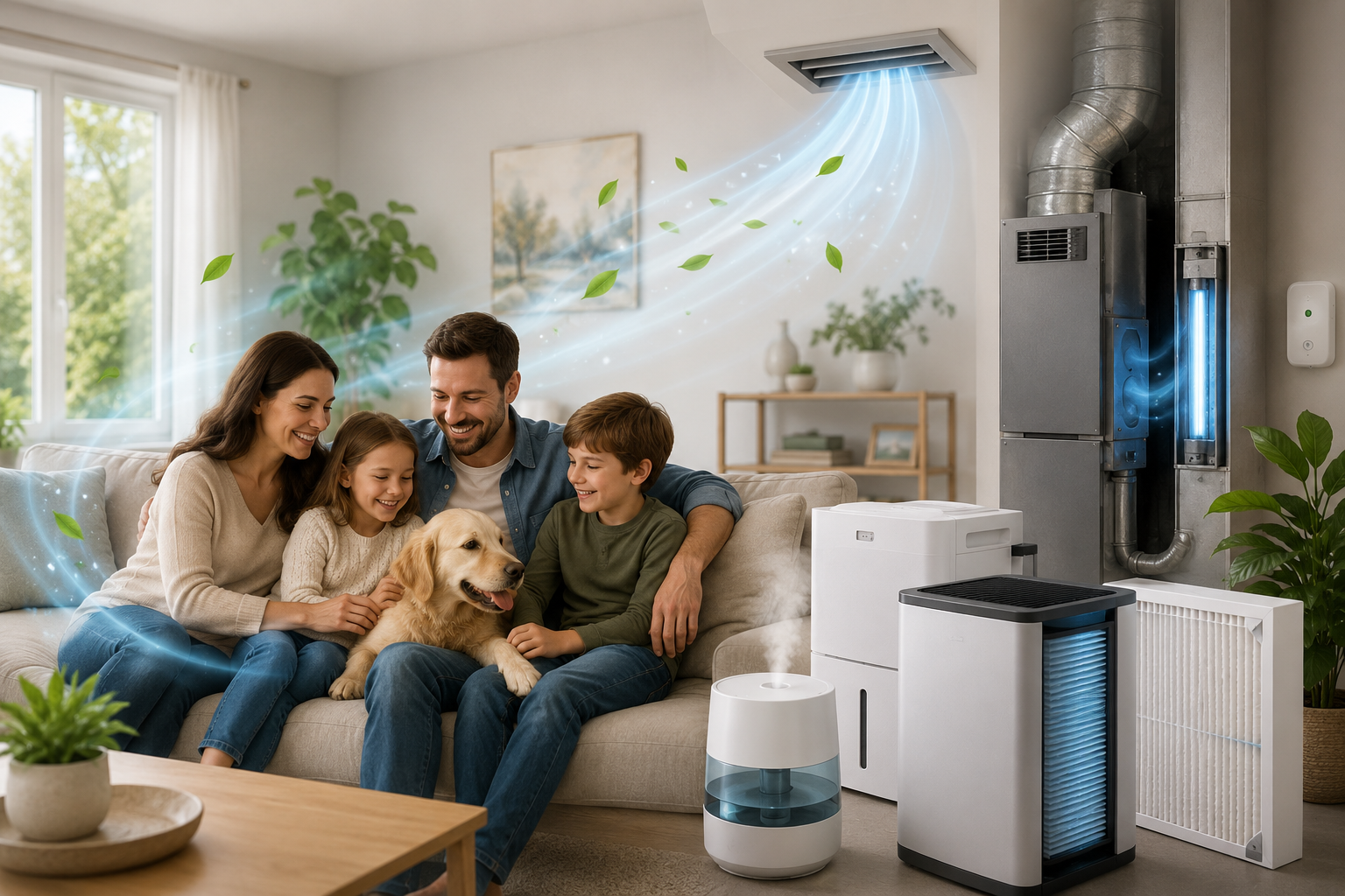 Happy family enjoying clean indoor air with air purifiers, humidifiers, and UV filtration systems in their Edmond, OK home